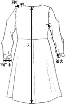 ワンピース採寸 - 丈、肩巾、袖丈、袖口巾